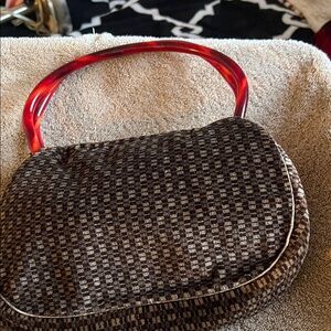 Elegant Checkered Shoulder Bag with Red Handle